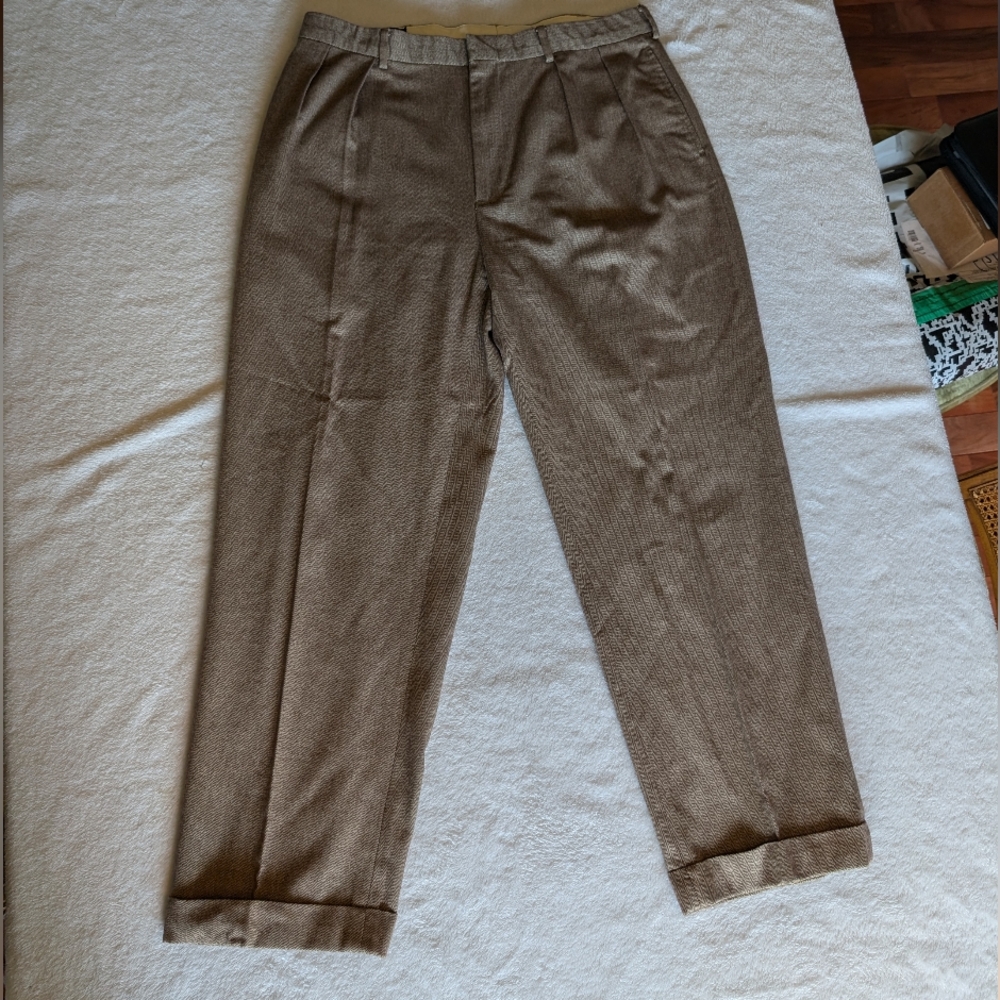 Vintage Polo Ralph Lauren Wool Pants Mens 36 Herringbone Pleated High Rise Brown